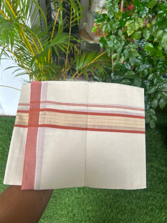 20% DISCOUNT! KaithariKada Balaramapuram Double OFF WHITE Mundu/Dhoti - 80x90 - 1.5 Inch Tissue Brick Orange striped Kara - 3KK5182VAS