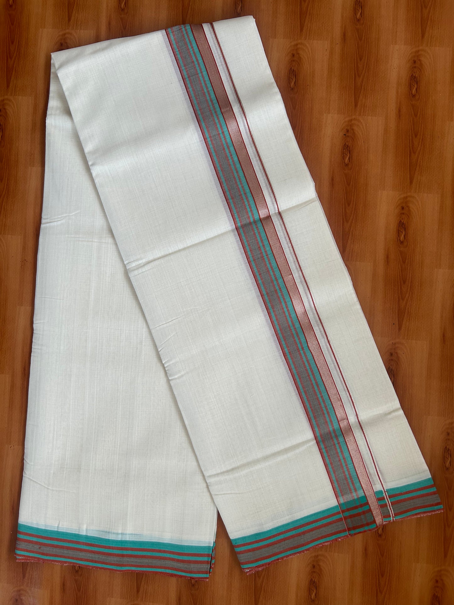 25% Discount ! KaithariKada Handloom Unakkupaav - Kerala Handloom - 100% Pure Cotton Off White (Unbleached) Double Mundu/Dothi - 100x80 - 1.75 inch Silver Kasav & Brick Red & Turquoise Striped Kara 4 Meters (8.5 Muzham) - 4 KK5380 SOM