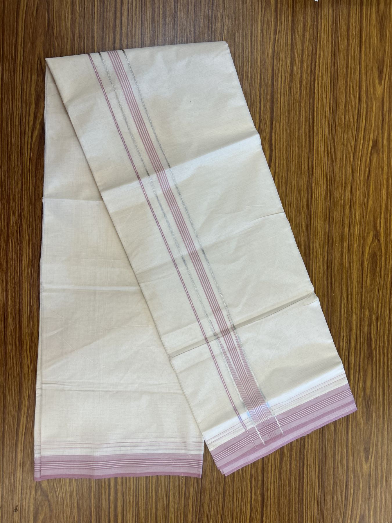 20% Discount ! KaithariKada Balaramapuram 100% Cotton Double Off White - (Unbleached) - Mundu / Dhoti- 100x80 -  1.25 inch Puliyilakkara Silver Kasav & Pink shaded striped chutty Kara - 4 mtr (8.5 Muzham) - 37 KK5340 VIN