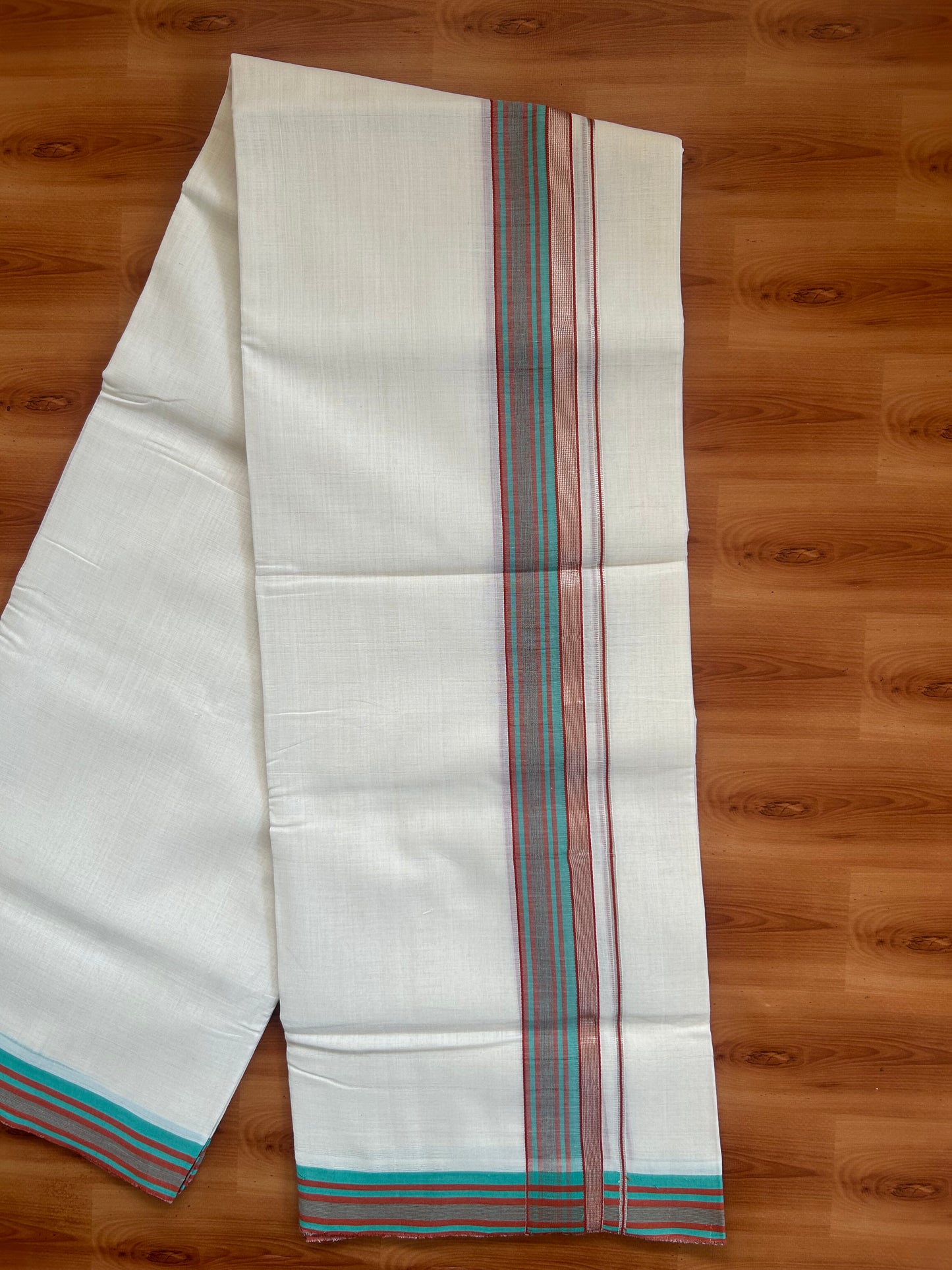 25% Discount ! KaithariKada Handloom Unakkupaav - Kerala Handloom - 100% Pure Cotton Off White (Unbleached) Double Mundu/Dothi - 100x80 - 1.75 inch Silver Kasav & Brick Red & Turquoise Striped Kara 4 Meters (8.5 Muzham) - 4 KK5380 SOM