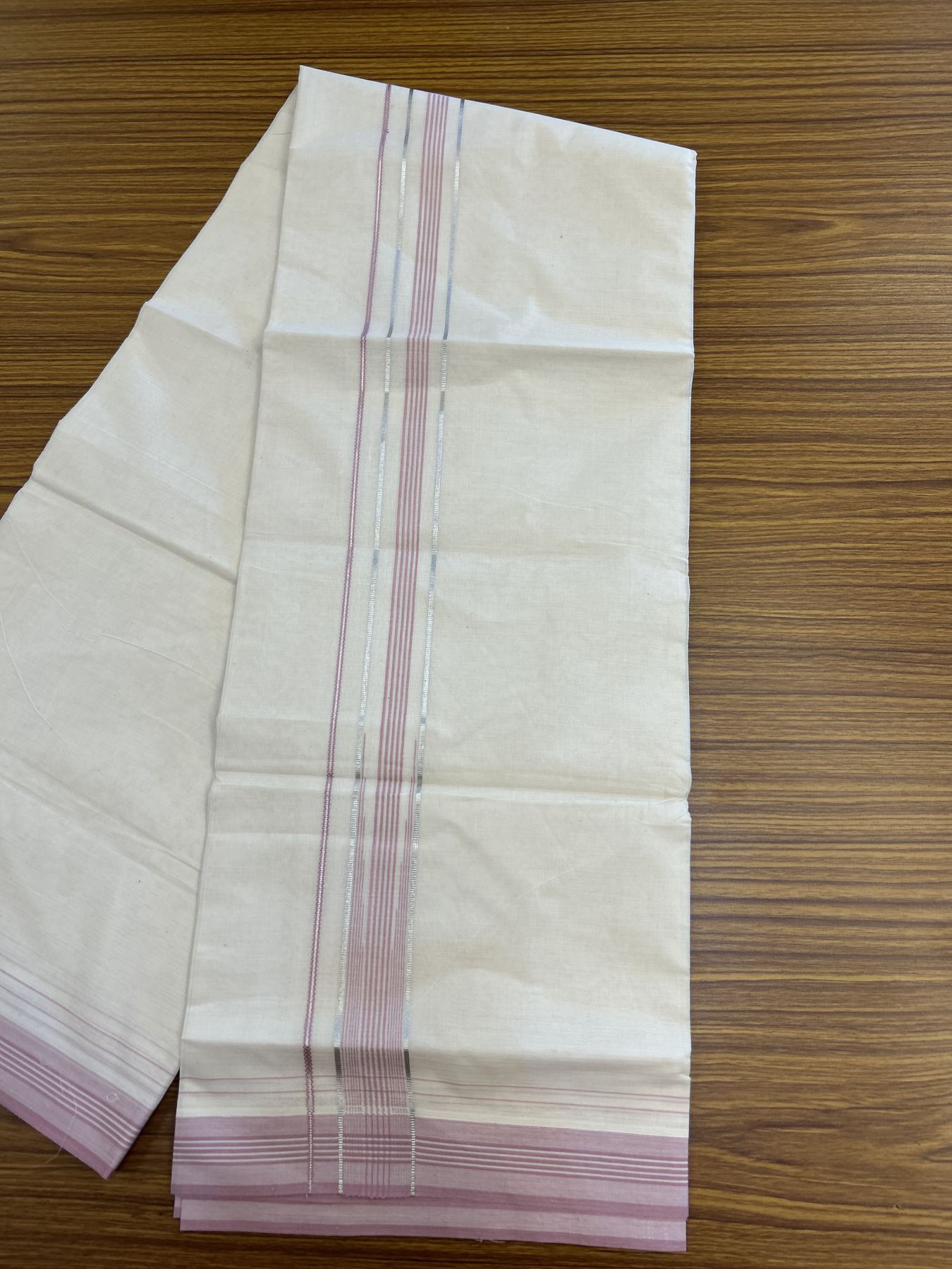 20% Discount ! KaithariKada Balaramapuram 100% Cotton Double Off White - (Unbleached) - Mundu / Dhoti- 100x80 -  1.25 inch Puliyilakkara Silver Kasav & Pink shaded striped chutty Kara - 4 mtr (8.5 Muzham) - 37 KK5340 VIN
