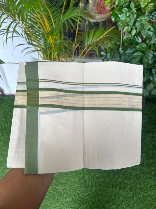 20% DISCOUNT! KaithariKada Balaramapuram Double OFF WHITE Mundu/Dhoti - 80x90 - 1.75 Inch Tissue Jungle Green striped Kara - 8KK5182VAS