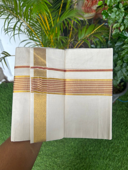 20% DISCOUNT! KaithariKada Balaramapuram Double OFF WHITE Mundu/Dhoti - 100x80- 1.75 Inch Gold Kasavu & Majenta striped Kara - 18KK5182VAS
