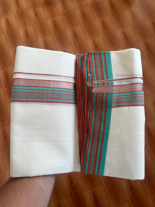 25% Discount ! KaithariKada Handloom Unakkupaav - Kerala Handloom - 100% Pure Cotton Off White (Unbleached) Double Mundu/Dothi - 100x80 - 1.75 inch Silver Kasav & Brick Red & Turquoise Striped Kara 4 Meters (8.5 Muzham) - 4 KK5380 SOM