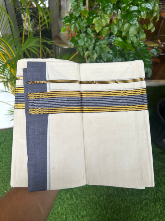 20% DISCOUNT! KaithariKada Balaramapuram Double OFF WHITE Mundu/Dhoti - 80x80- 1.5 Inch Gold Kasavu & Navy Blue Shaded striped Kara - 16KK5182VAS