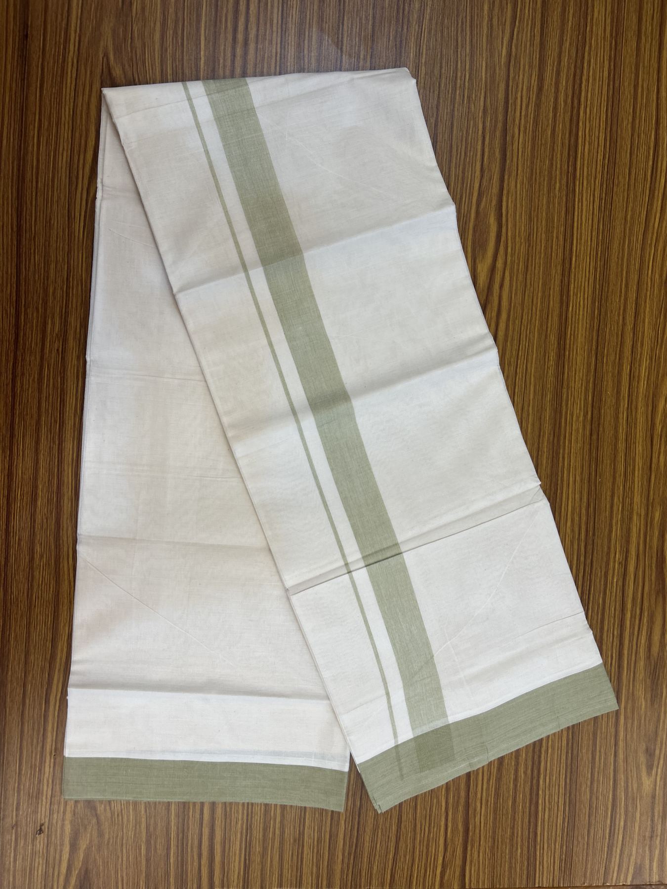 20% Discount ! KaithariKada Balaramapuram 100% Cotton Double Off White (Unbleached) - Mundu / Dhoti- 100x80 - 1.5 inch Pear Green Stripes Kara 4 mtr (8.5 Muzham) - 57 KK5340 VIN
