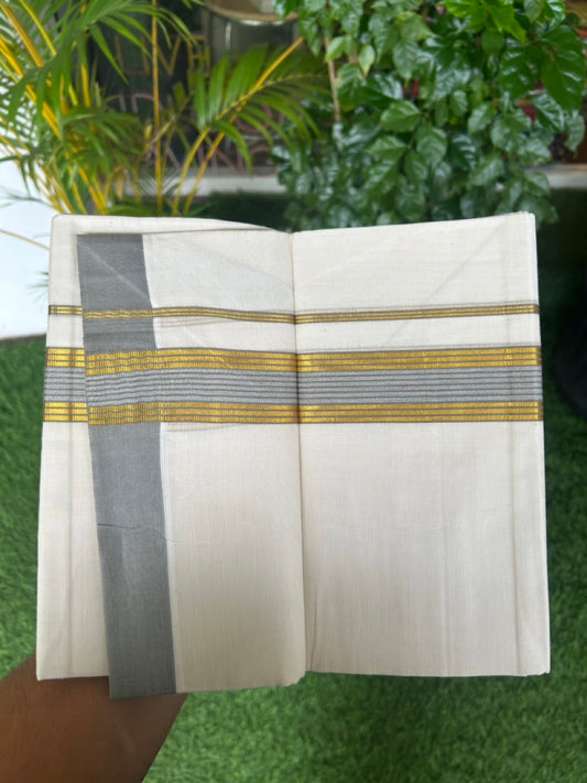 20% DISCOUNT! KaithariKada Balaramapuram Double OFF WHITE Mundu/Dhoti - 80x80 - 1.5 Inch Gold Kasavu & Grey Shaded striped Kara - 15KK5182VAS