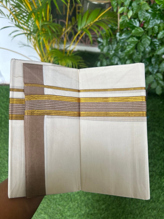 20% DISCOUNT! KaithariKada Balaramapuram Double OFF WHITE Mundu/Dhoti - 80x80 - 1.5 Inch Gold Kasavu & Coffee Brown Shaded striped Kara - 14KK5182VAS