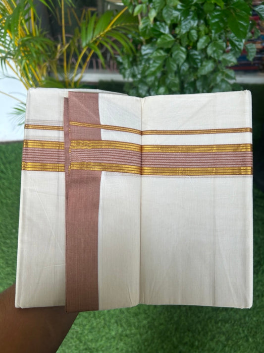 20% DISCOUNT! KaithariKada Balaramapuram Double OFF WHITE Mundu/Dhoti - 80x80- 1.5 Inch Gold Kasavu & Sandal Brown Shaded striped Kara - 13KK5182VAS