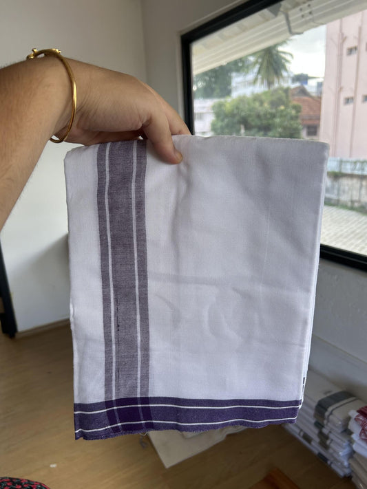 Kaitharikada - Single Kaily / Lungi - Mixed Cotton - 40s twisted - 1.75 inch Violet kara with White colour body (2 meter / 4 muzham) - 16 KK8055 SAT