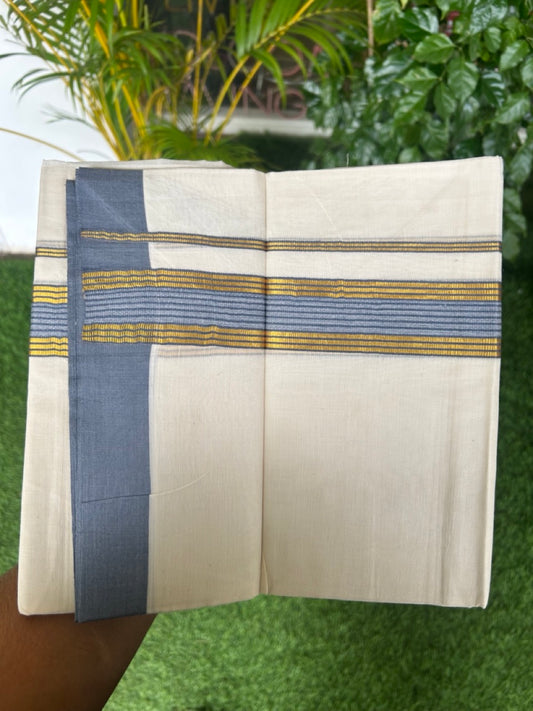 20% DISCOUNT! KaithariKada Balaramapuram Double OFF WHITE Mundu/Dhoti - 80x80 - 1.5 Inch Gold Kasavu & Dark Pastel Blue Shaded striped Kara - 12KK5182VAS