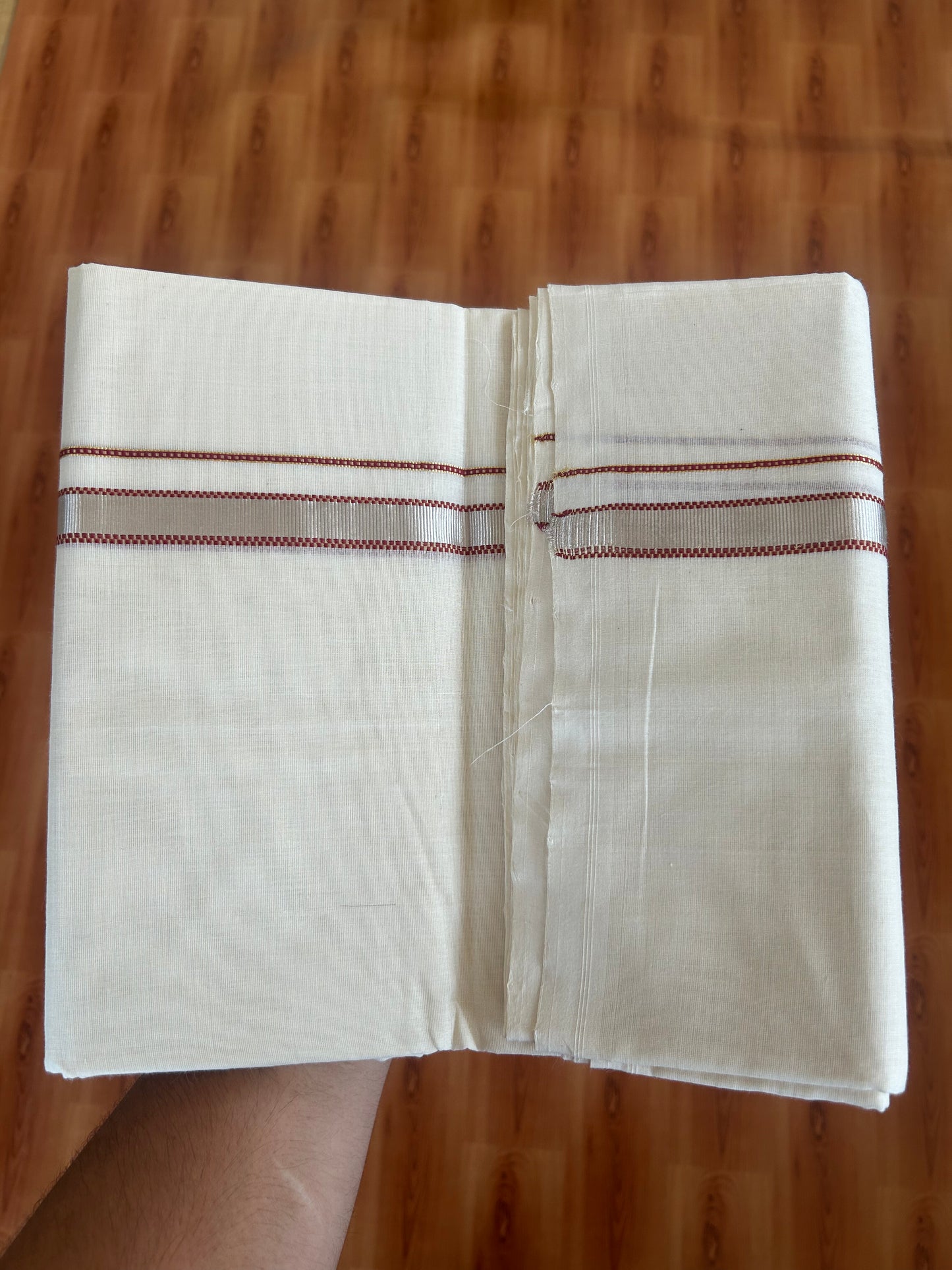 25% Discount ! KaithariKada Handloom Unakkupaav - Kerala Handloom - 100% Pure Cotton Off White (Unbleached) Double Mundu/Dothi - 100x80 - 0.75 inch Silver Gold Kasav &  Maroon Muthukuri Kara 4 Meters (8.5 Muzham) - 8 KK5380 SOM