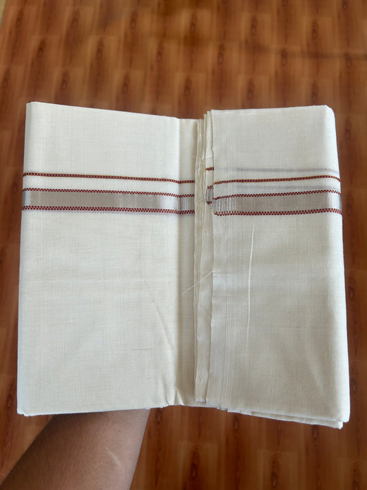 25% Discount ! KaithariKada Handloom Unakkupaav - Kerala Handloom - 100% Pure Cotton Off White (Unbleached) Double Mundu/Dothi - 100x80 - 0.75 inch Silver Gold Kasav &  Maroon Muthukuri Kara 4 Meters (8.5 Muzham) - 8 KK5380 SOM