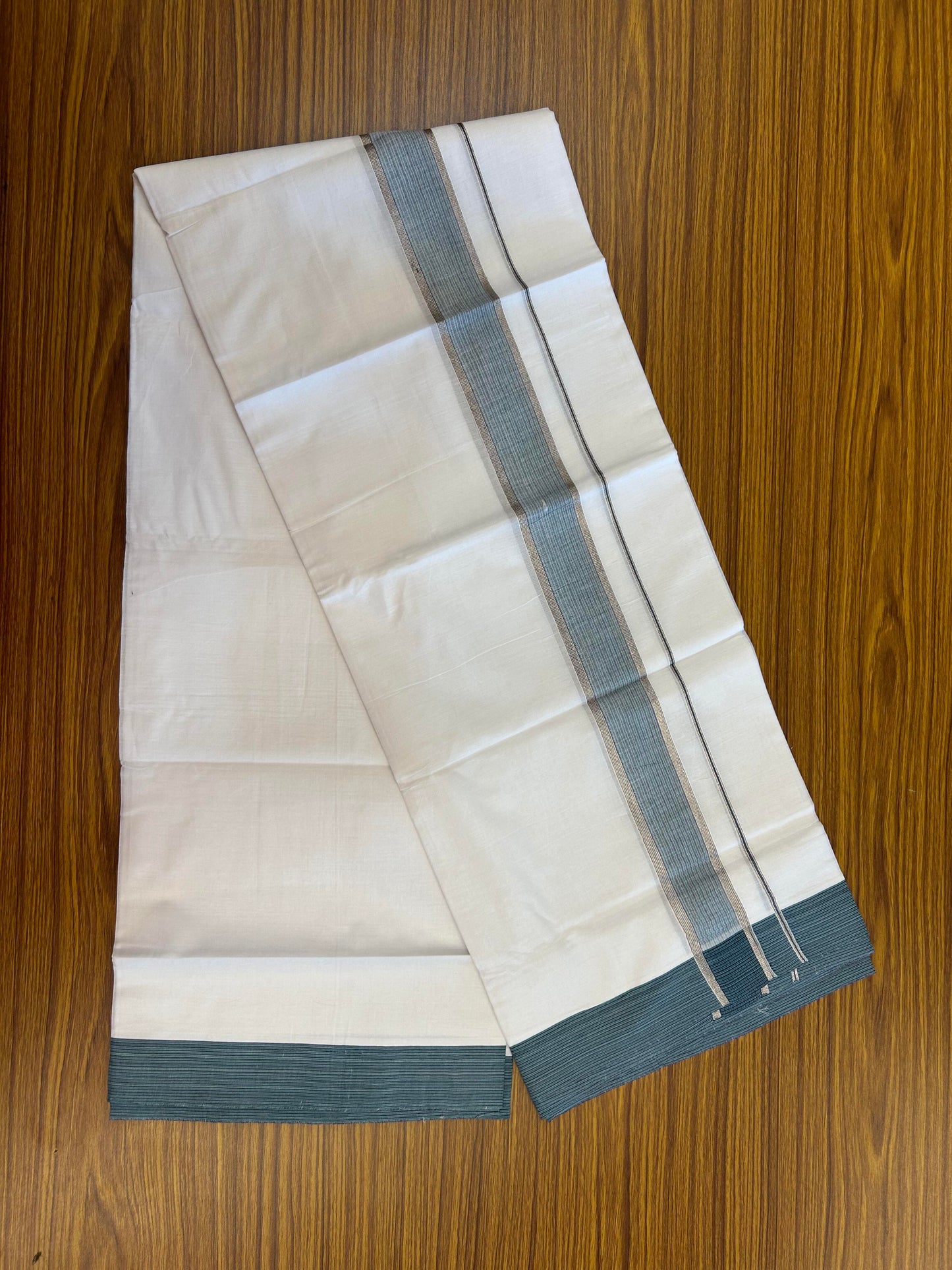20% Discount!! Kaitharikada Balaramapuram 100% Pure Cotton Pure White Double Mundu/Dothi - 100x100 - 1.5 inch Silver Kasav Navy Blue & Sky Blue Striped Shaded Kara - 4.00 m (8.5 muzham) - 89 KK5362 GAN