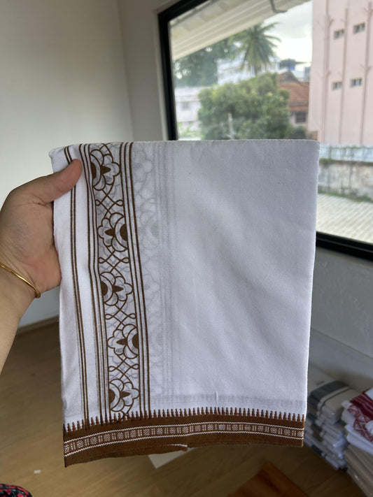 Kaitharikada - Single Kaily / Lungi - Mixed Cotton - 40s twisted - 2 inch Brown Printed Design kara with Kuppadam Border  White colour body (2 meter / 4 muzham) - 38 KK8055 SAT