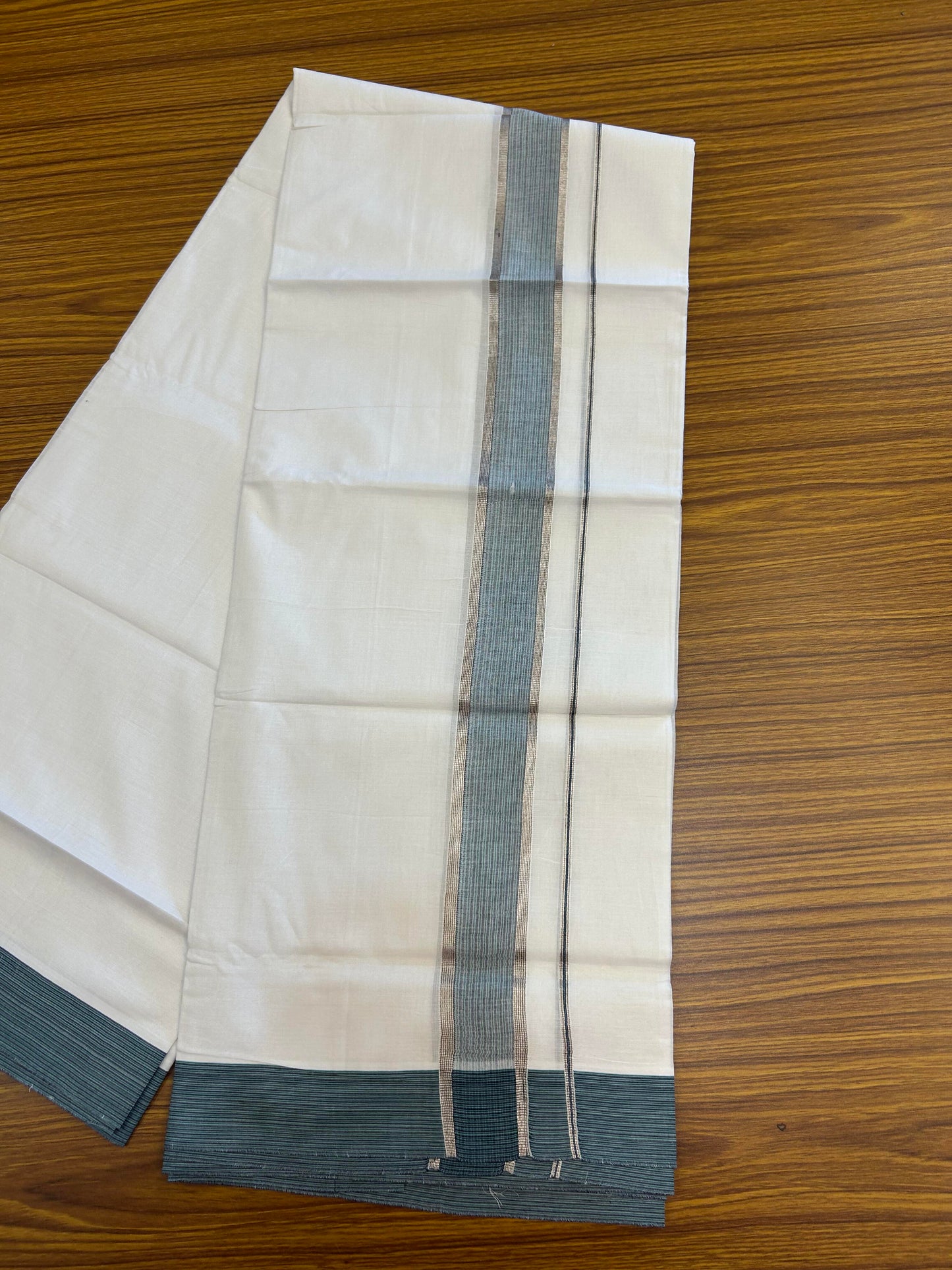 20% Discount!! Kaitharikada Balaramapuram 100% Pure Cotton Pure White Double Mundu/Dothi - 100x100 - 1.5 inch Silver Kasav Navy Blue & Sky Blue Striped Shaded Kara - 4.00 m (8.5 muzham) - 89 KK5362 GAN