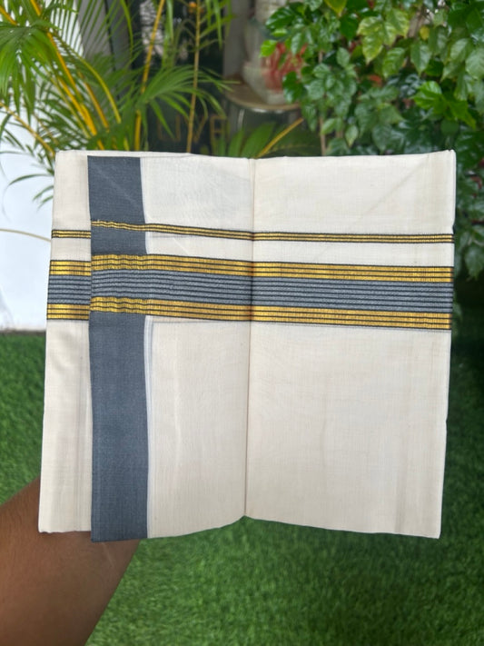 20% DISCOUNT! KaithariKada Balaramapuram Double OFF WHITE Mundu/Dhoti - 80x80- 1.5 Inch Gold Kasavu & Ash Blue Shaded striped Kara - 11KK5182VAS