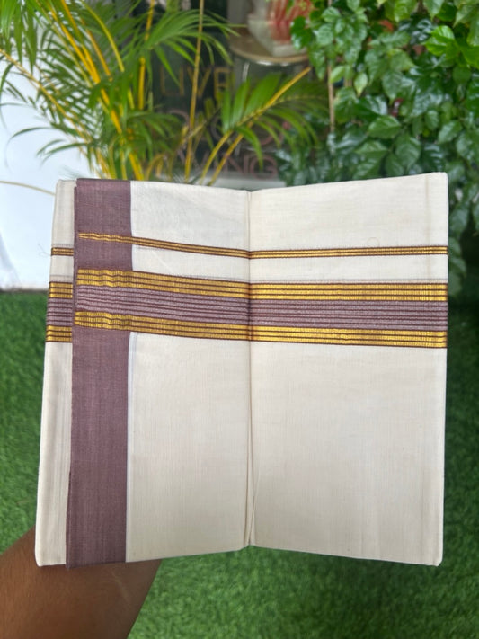 20% DISCOUNT! KaithariKada Balaramapuram Double OFF WHITE Mundu/Dhoti - 80x80- 1.5 Inch Gold Kasavu & Rosy Brown Shaded striped Kara - 10KK5182VAS