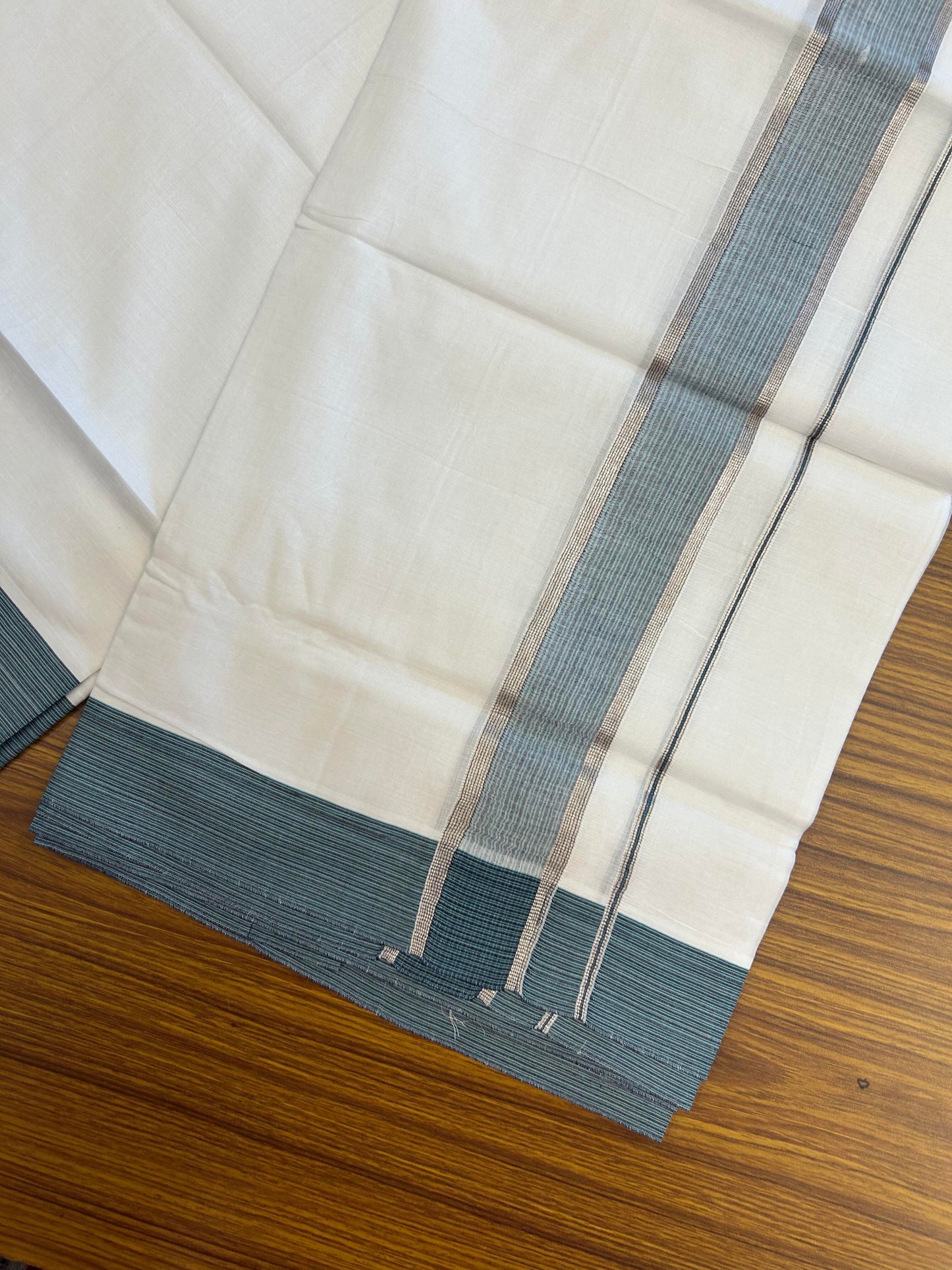 20% Discount!! Kaitharikada Balaramapuram 100% Pure Cotton Pure White Double Mundu/Dothi - 100x100 - 1.5 inch Silver Kasav Navy Blue & Sky Blue Striped Shaded Kara - 4.00 m (8.5 muzham) - 89 KK5362 GAN