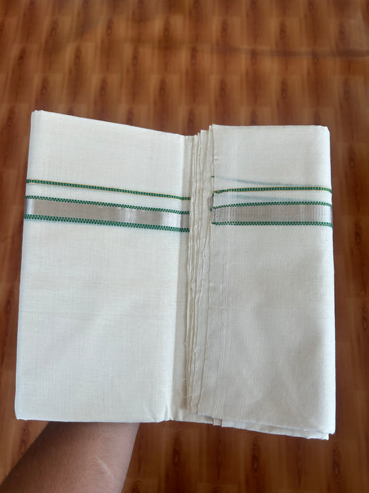 25% Discount ! KaithariKada Handloom Unakkupaav - Kerala Handloom - 100% Pure Cotton Off White (Unbleached) Double Mundu/Dothi - 100x80 - 0.75 inch Silver Gold Kasav & Green Muthukuri Kara 4 Meters (8.5 Muzham) - 6 KK5380 SOM