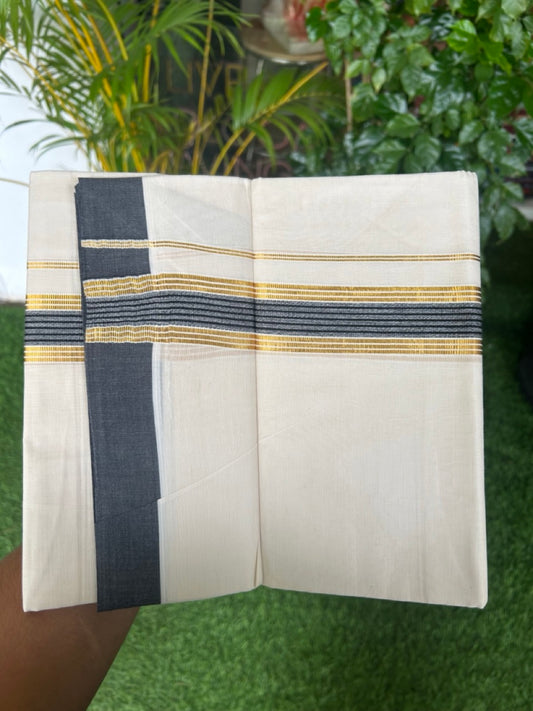 20% DISCOUNT! KaithariKada Balaramapuram Double OFF WHITE Mundu/Dhoti - 80x80 - 1.5 Inch Gold Kasavu & Black Shaded striped Kara - 9KK5182VAS
