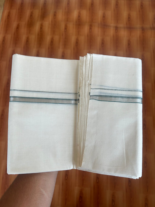 25% Discount ! KaithariKada Handloom Millpaav - Kerala Handloom - 100% Pure Cotton Off White (Unbleached) Double Mundu/Dothi - 100x80 - 0.5 inch Silver Kasav & Green Striped Kara   3.80 Meters (8 Muzham) - 12 KK5380 SOM