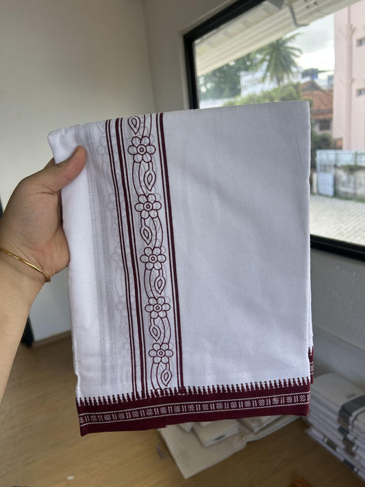 Kaitharikada - Single Kaily / Lungi - Mixed Cotton - 40s twisted - 2 inch Maroon Printed Design kara with Kuppadam Border  White colour body (2 meter / 4 muzham) - 36 KK8055 SAT