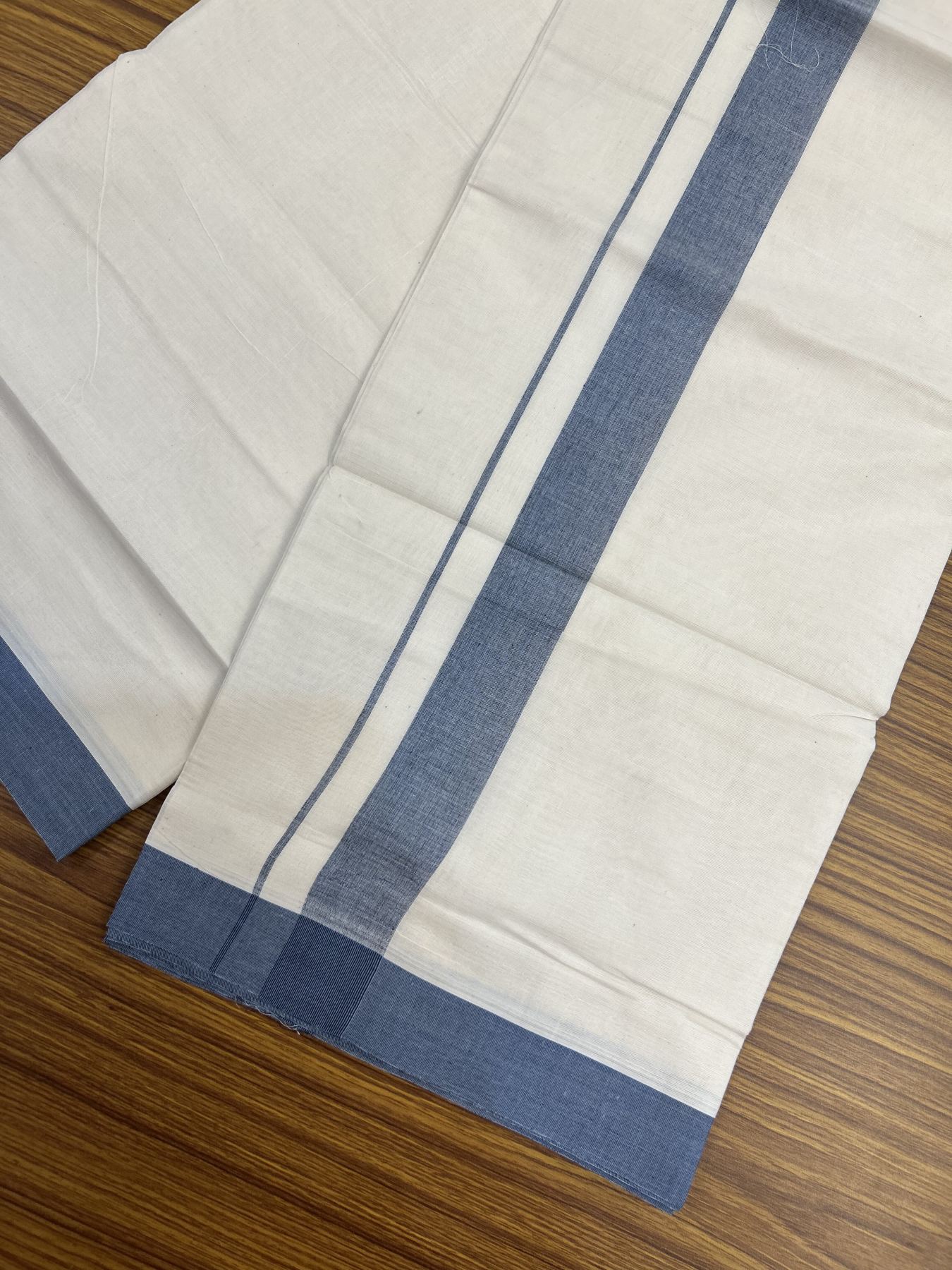 20% Discount ! KaithariKada Balaramapuram 100% Cotton Double Off White (Unbleached) - Mundu / Dhoti- 100x80 - Denim Blue  1.5 inch Shaded Kara 4 mtr (8.5 Muzham) - 58 KK5340 VIN