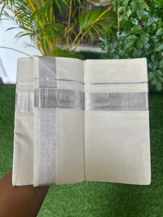 20% DISCOUNT! KaithariKada Balaramapuram 100% Cotton  Off white (Unbleached) Double Mundu/Dhoti- 80x90 - 1.5 inch Silver Kasavu kara - 21KK5182VAS
