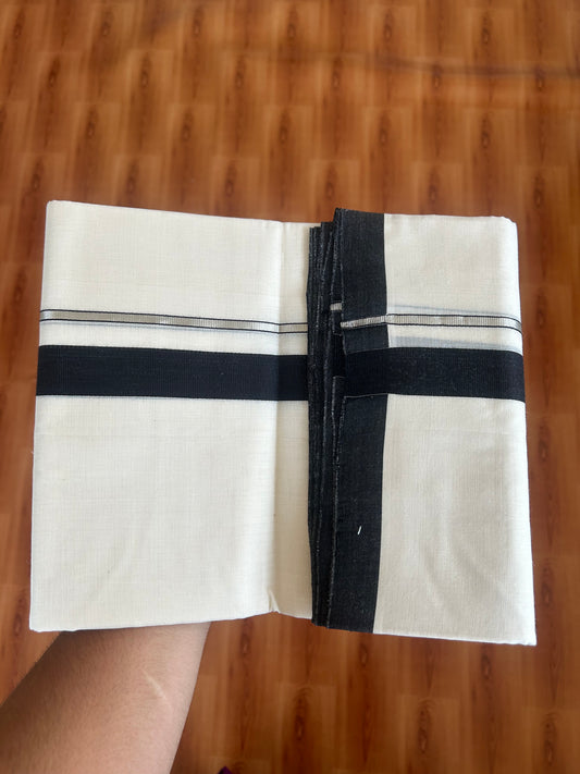 25% Discount ! KaithariKada Handloom Unakkupaav - Kerala Handloom - 100% Pure Cotton Off White (Unbleached) Double Mundu/Dothi - 100x80 - 1 inch Silver Kasav & Black Kara  3.80 Meters (8 Muzham) - 3 KK5380 SOM