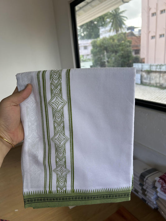 Kaitharikada - Single Kaily / Lungi - Mixed Cotton - 40s twisted - 2.5 inch Light Green Printed Design kara with Kuppadam Border  White colour body (2 meter / 4 muzham) - 35 KK8055 SAT