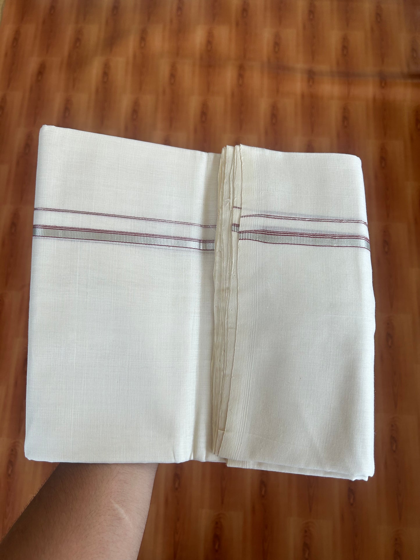 25% Discount ! KaithariKada Handloom Unakkupaav - Kerala Handloom - 100% Pure Cotton Off White (Unbleached) Double Mundu/Dothi - 100x80 - 0.25 inch Silver Kasav & Maroon Striped Kara 4 Meters (8.5 Muzham) - 10 KK5380 SOM