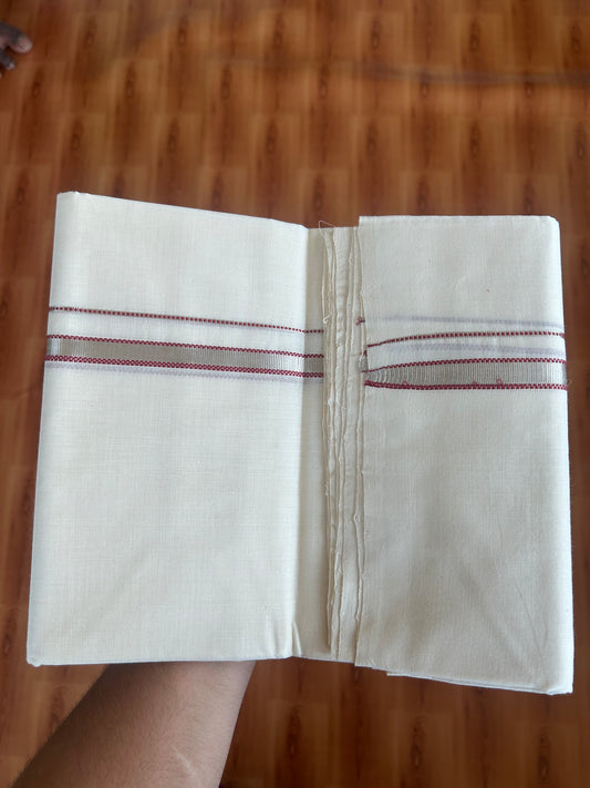 25% Discount ! KaithariKada Handloom Millpaav - Kerala Handloom - 100% Pure Cotton Off White (Unbleached) Double Mundu/Dothi - 100x80 - 0.5 inch  Silver Kasav & Maroon Muthukuri Kara 3.80 Meters (8 Muzham) - 9 KK5380 SOM