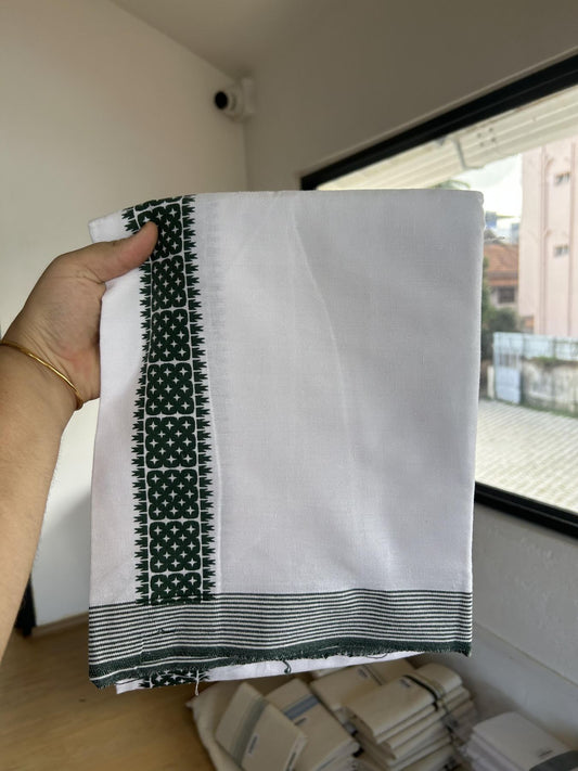 Kaitharikada - Single Kaily / Lungi - Mixed Cotton - 40s twisted - 2 inch Green Printed Design kara with White colour body (2 meter / 4 muzham) - 34 KK8055 SAT