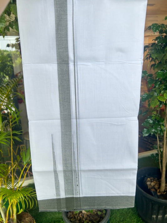 20% Discount ! Kaitharikada Balaramapuram 100% Cotton PURE WHITE Double Mundu/Dothi - 100x80 - 1.5 inch Dark Olive Green Shaded Chutty Kara - 56KK5182VAS