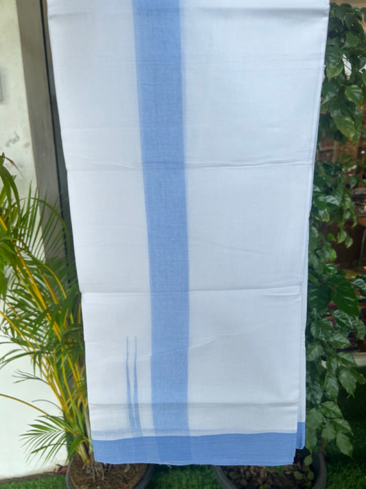 20% Discount ! Kaitharikada Balaramapuram 100% Cotton PURE WHITE Double Mundu/Dothi - 100x80 - 1.5 inch Sky Blue Shaded Chutty Kara - 59KK5182VAS