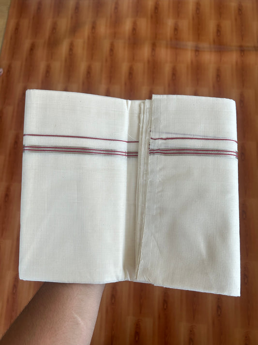 25% Discount ! KaithariKada Handloom Millpaav - Kerala Handloom - 100% Pure Cotton Off White (Unbleached) Double Mundu/Dothi - 100x80 - 0.5 inch Silver Kasav & Red Striped Kara  3.80 Meters (8 Muzham) - 15 KK5380 SOM