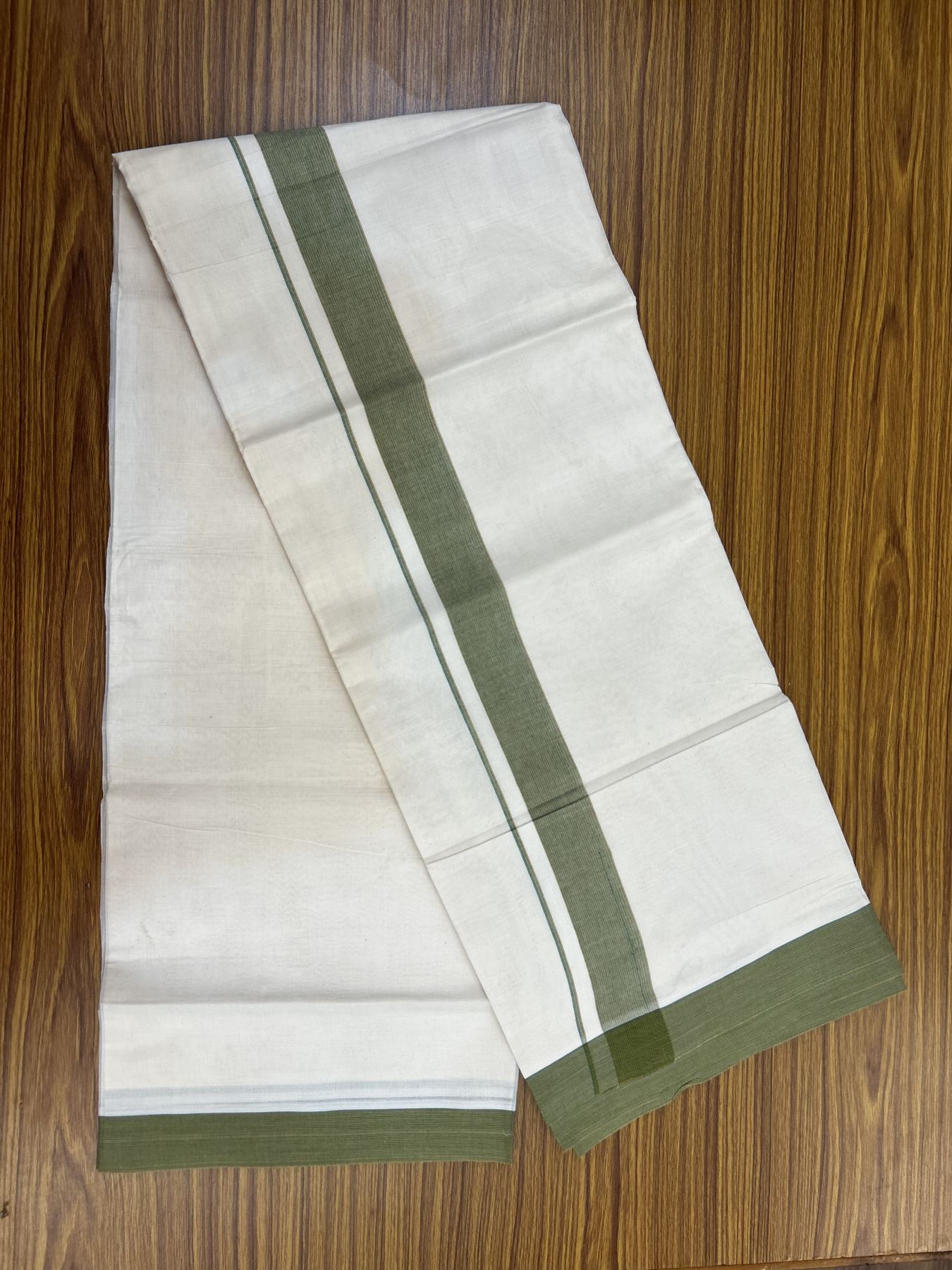 20% Discount ! KaithariKada Balaramapuram 100% Cotton Double Off White (Unbleached) - Mundu / Dhoti- 100x80 -  1.5 inch Green & Mustard yellow Stripes Kara 4 mtr (8.5 Muzham) - 54 KK5340 VIN