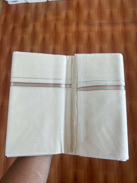 25% Discount ! KaithariKada Handloom Millpaav - Kerala Handloom - 100% Pure Cotton Off White (Unbleached) Double Mundu/Dothi - 100x80 - 0.5 inch Silver & Copper Kasav Striped Kara 3.80 Meters (8 Muzham) - 16 KK5380 SOM