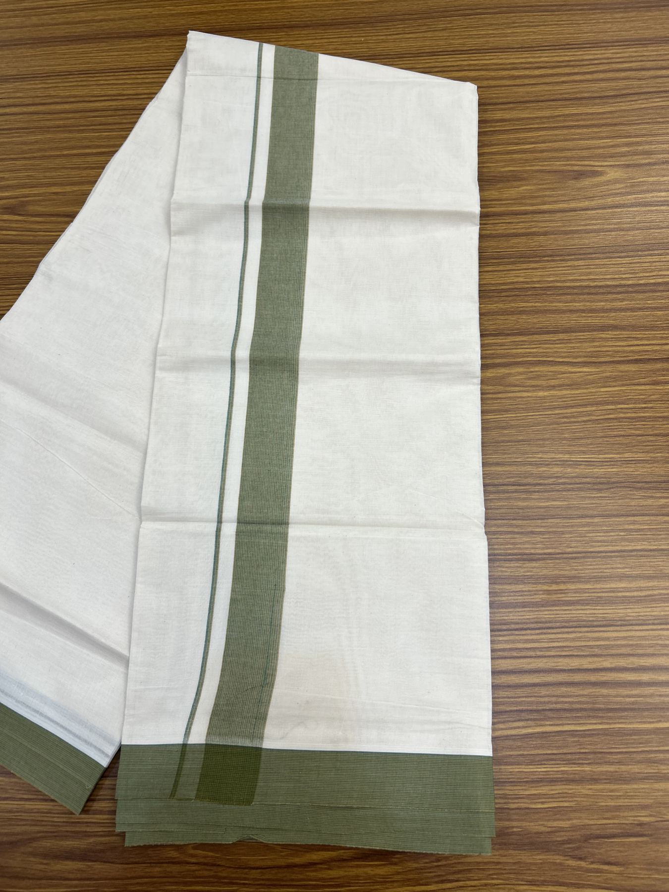 20% Discount ! KaithariKada Balaramapuram 100% Cotton Double Off White (Unbleached) - Mundu / Dhoti- 100x80 -  1.5 inch Green & Mustard yellow Stripes Kara 4 mtr (8.5 Muzham) - 54 KK5340 VIN