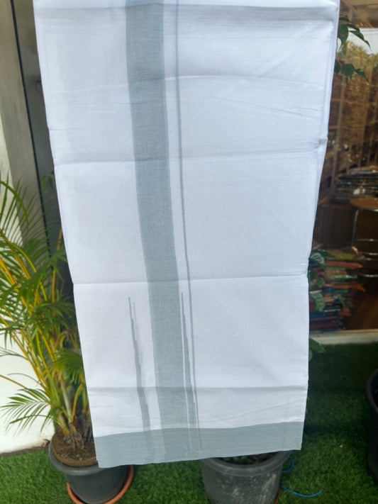 20% Discount ! Kaitharikada Balaramapuram 100% Cotton PURE WHITE Double Mundu/Dothi - 100x80 - 1.75 inch Ash Grey Shaded Chutty Kara - 55KK5182VAS