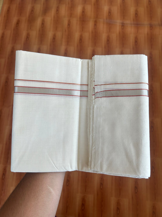 25% Discount ! KaithariKada Handloom Millpaav - Kerala Handloom - 100% Pure Cotton Off White (Unbleached) Double Mundu/Dothi - 100x80 - 0.5 inch Silver Gold Kasav & Red Muthukuri Kara 3.80 Meters (8 Muzham) - 7 KK5380 SOM