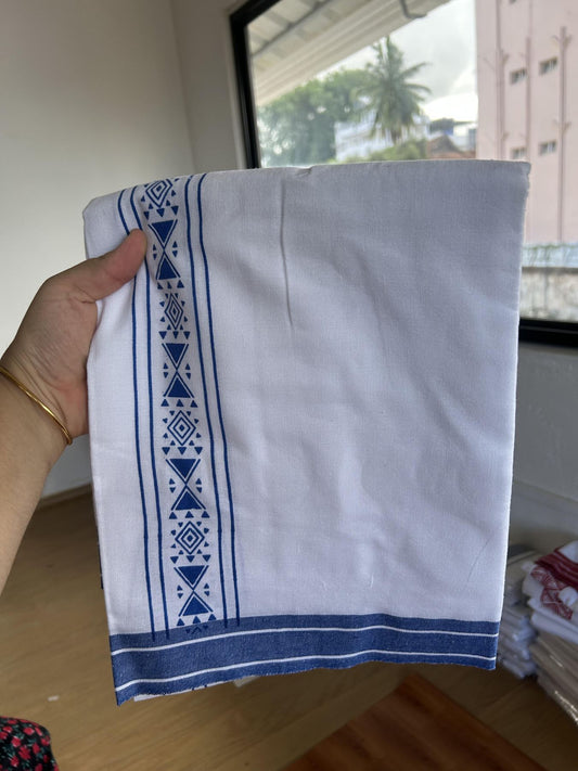 Kaitharikada - Single Kaily / Lungi - Mixed Cotton - 40s twisted - 2 inch Blue Printed Design kara with White colour body (2 meter / 4 muzham) - 23 KK8055 SAT