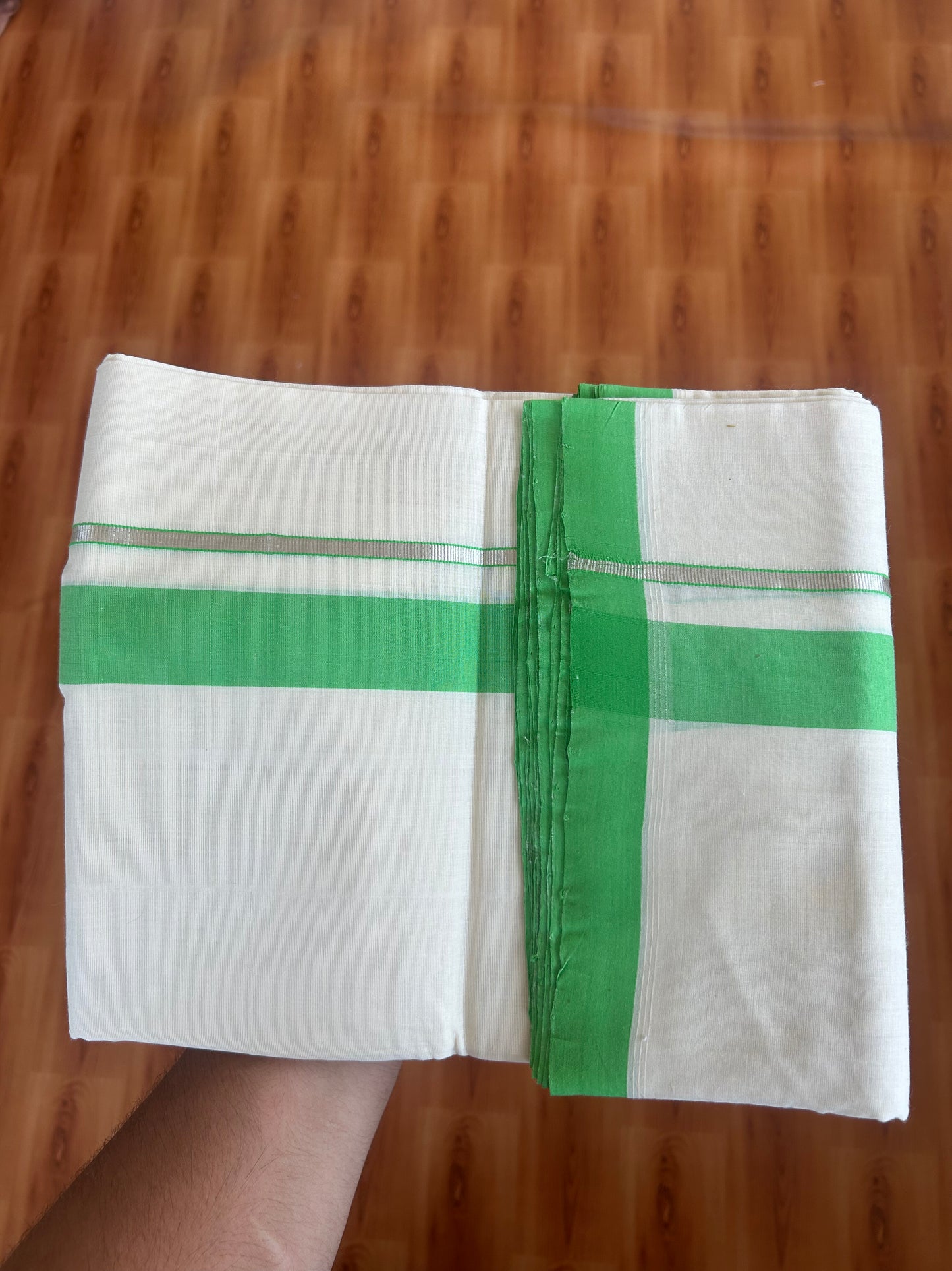 25% Discount ! KaithariKada Handloom Unakkupaav - Kerala Handloom - 100% Pure Cotton Off White (Unbleached) Double Mundu/Dothi - 100x80 - 1.25 inch Silver Kasav & Lime Green Kara  3.80 Meters (8 Muzham) - 1 KK5380 SOM