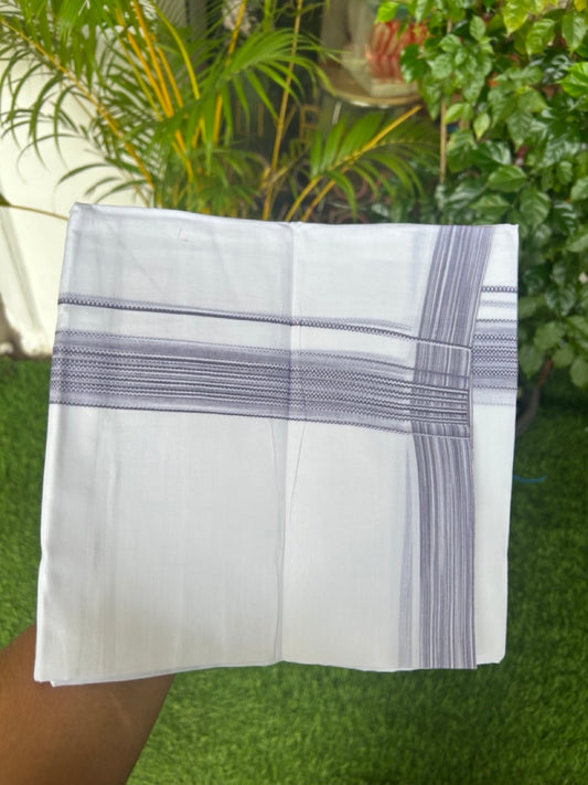 20% Discount ! Kaitharikada Balaramapuram 100% Cotton PURE WHITE Double Mundu/Dothi - 100x80 - 1.5 inch Ash Lavender Shaded Striped Design Kara - 51KK5182VAS