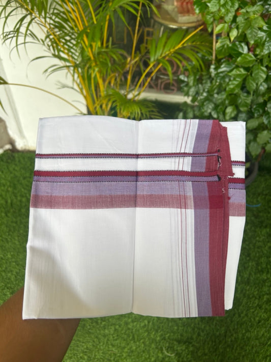 20% Discount ! Kaitharikada Balaramapuram 100% Cotton PURE WHITE Double Mundu/Dothi - 100x80 - 2 inch Purple & Lavender Shaded Striped Kara - 47KK5182VAS
