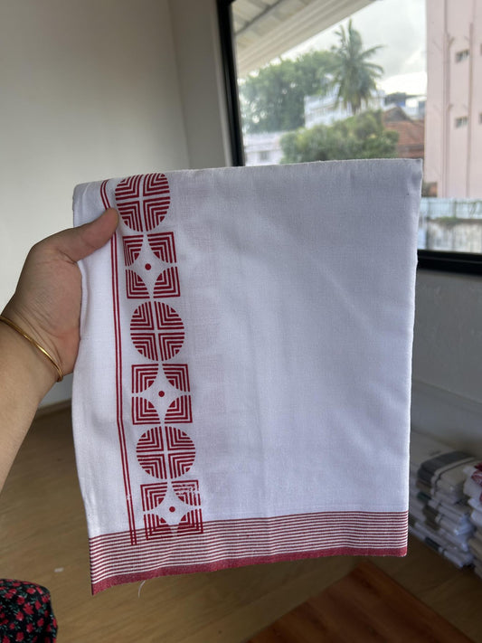 Kaitharikada - Single Kaily / Lungi - Mixed Cotton - 40s twisted - 2.25 inch Red Printed Design kara with White colour body (2 meter / 4 muzham) - 26 KK8055 SAT