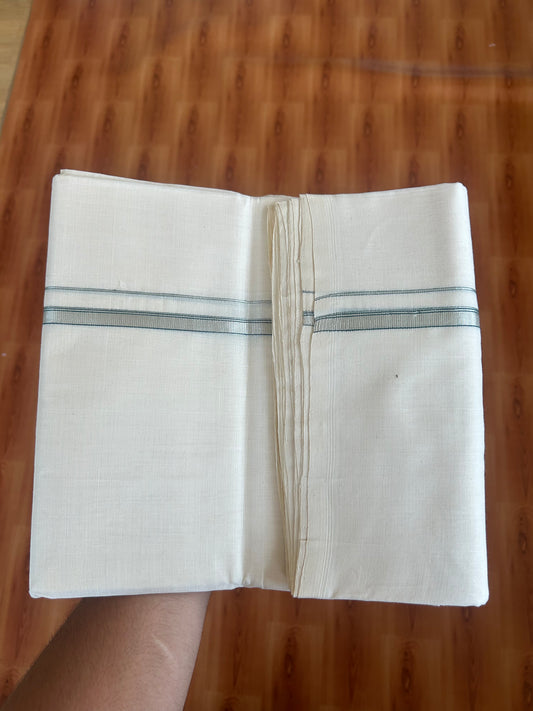 25% Discount ! KaithariKada Handloom Unakkupaav - Kerala Handloom - 100% Pure Cotton Off White (Unbleached) Double Mundu/Dothi - 100x80 - 0.25 inch Silver Kasav & Green Striped Kara 4 Meters (8.5 Muzham) - 11 KK5380 SOM