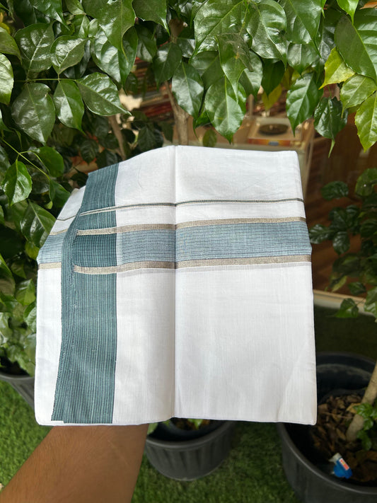20% Discount!! Kaitharikada Balaramapuram 100% Pure Cotton Pure White Double Mundu/Dothi - 100x100 - 1.5 inch Silver Kasav Navy Blue & Sky Blue Striped Shaded Kara - 4.00 m (8.5 muzham) - 89 KK5362 GAN