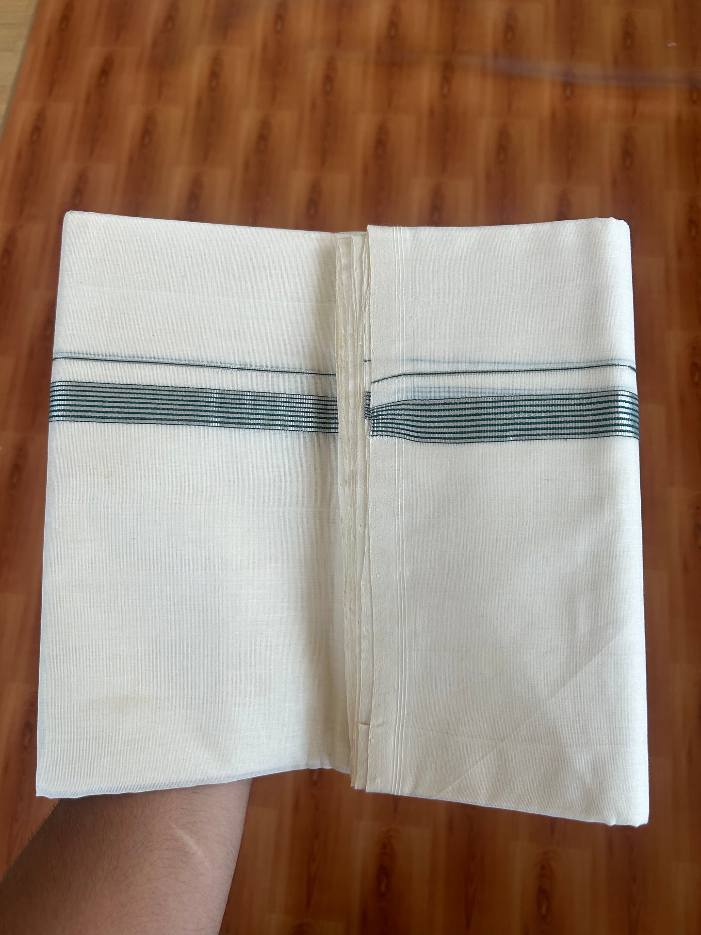 25% Discount ! KaithariKada Handloom Unakkupaav - Kerala Handloom - 100% Pure Cotton Off White (Unbleached) Double Mundu/Dothi - 100x80 - 0.75 inch Silver Kasav & Green Striped Kara 4 Meters (8.5 Muzham) - 5 KK5380 SOM